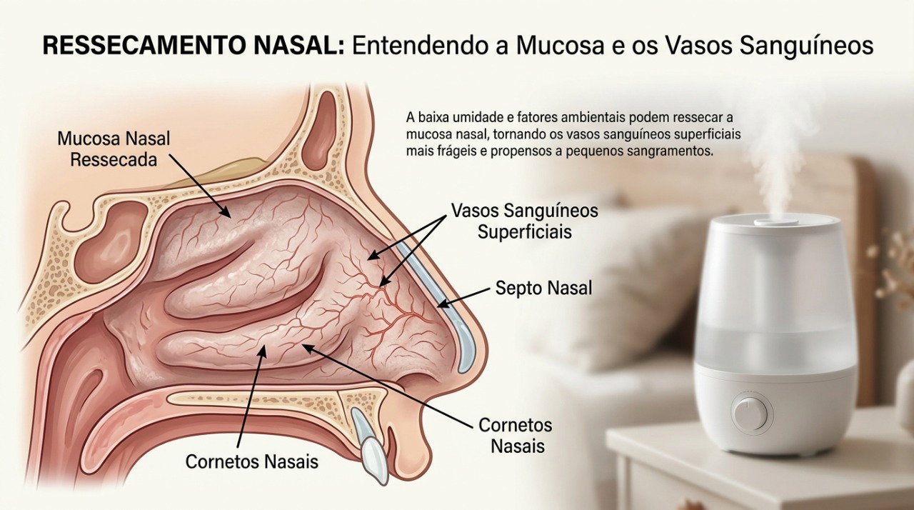 O ressecamento da mucosa pode deixar pequenos vasos do nariz mais vulneráveis ao sangramento.