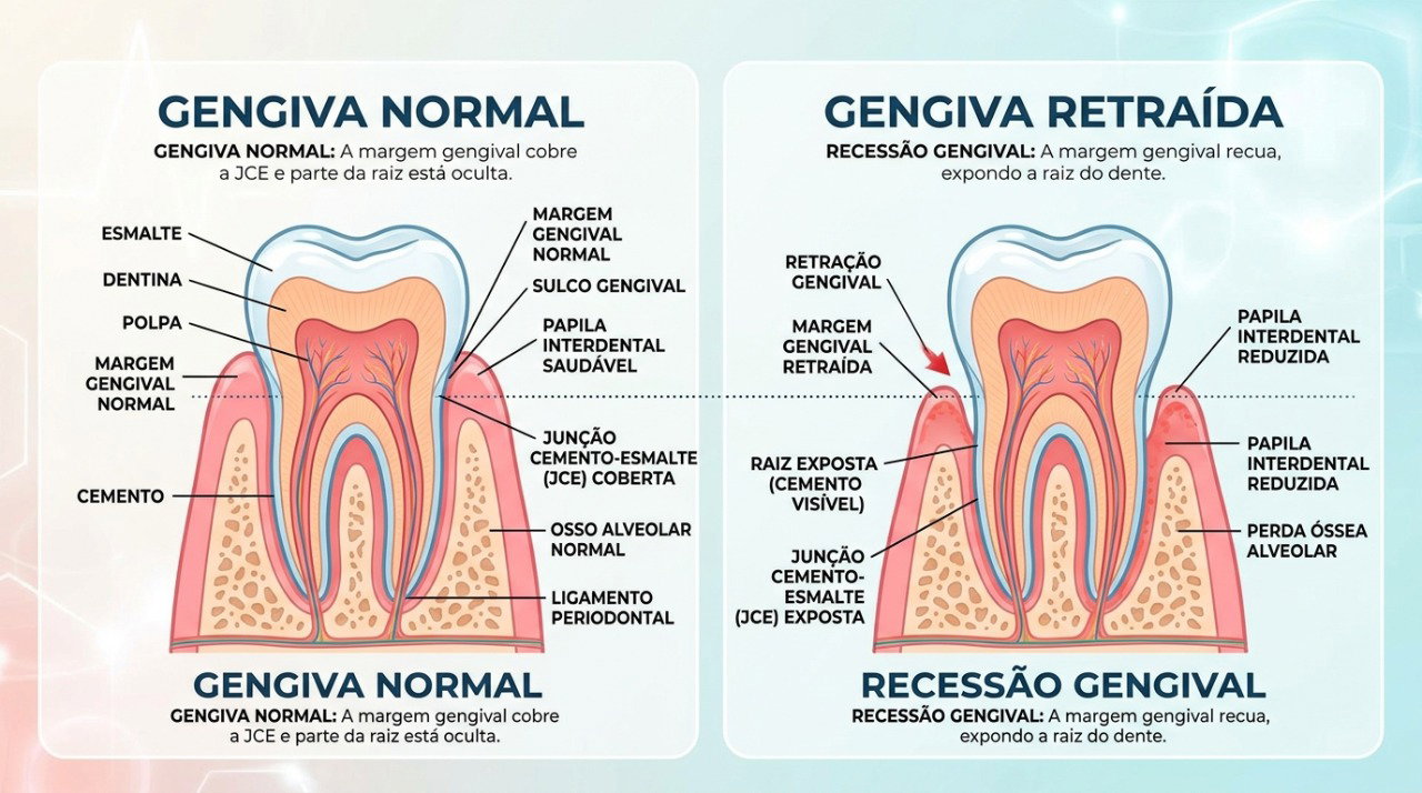 A gengiva retraída expõe parte da raiz do dente e pode favorecer sensibilidade.