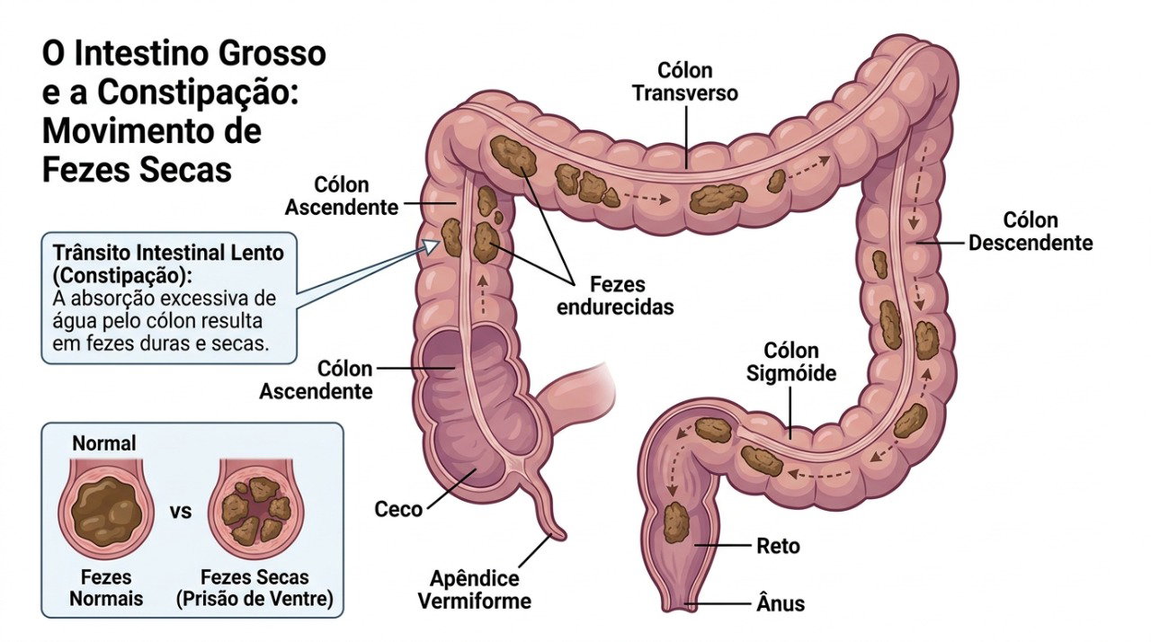 Fezes duras e trânsito intestinal lento podem dificultar o esvaziamento completo.
