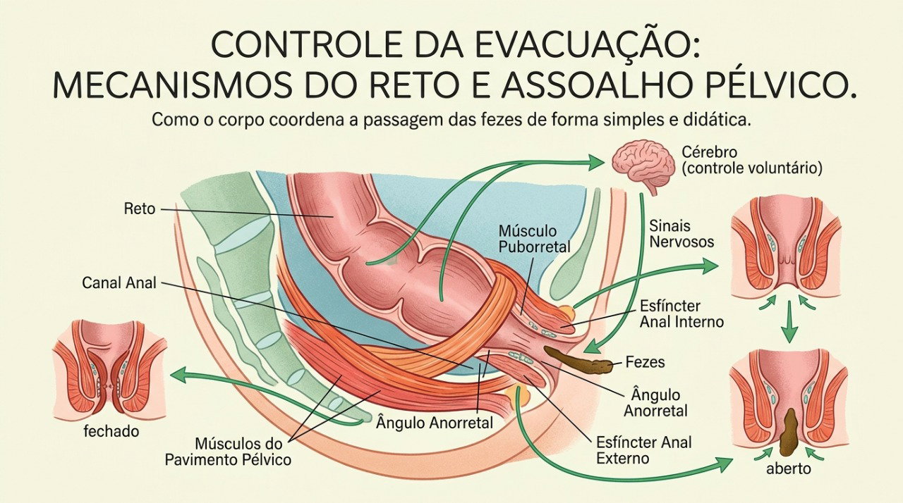Músculos, nervos e estruturas do reto participam do controle da evacuação e podem estar envolvidos no escape.
