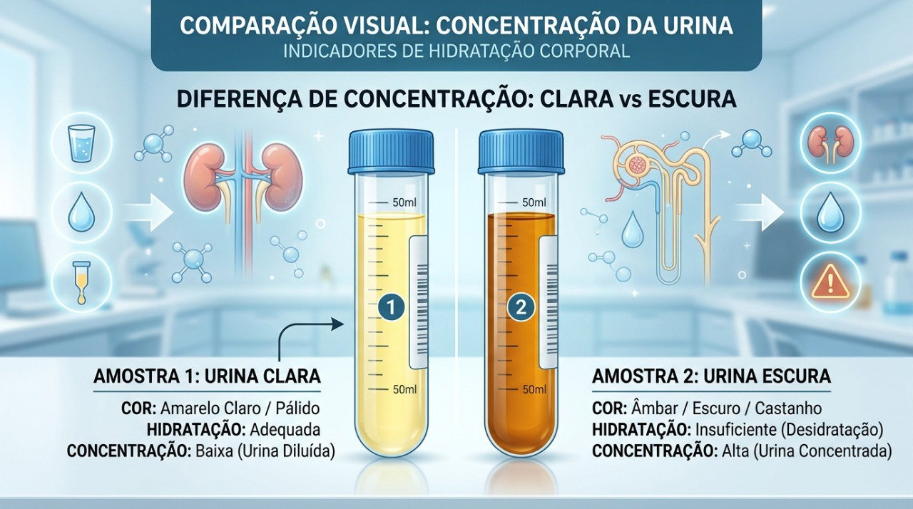 A cor da urina pode ajudar a perceber quando ela está mais concentrada.
