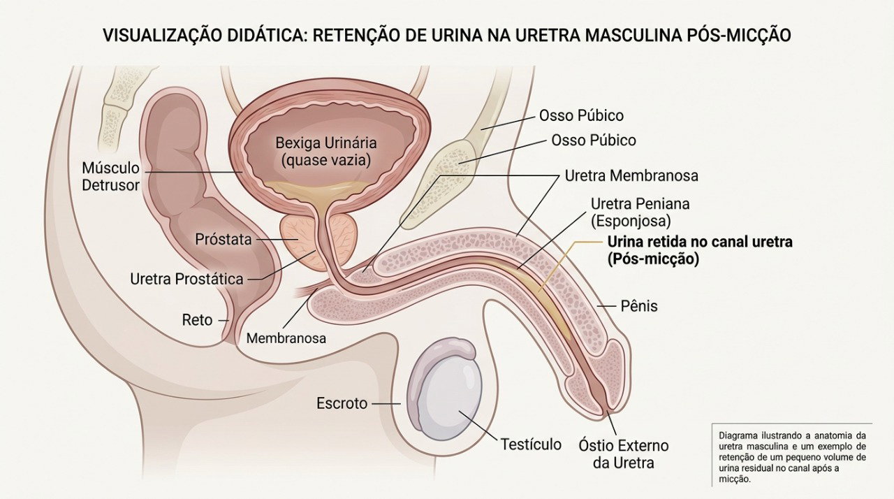 O gotejamento pós-miccional pode ocorrer quando uma pequena quantidade de urina permanece na uretra.