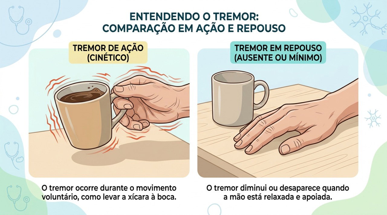 O tremor de ação tende a aparecer durante movimentos ou ao sustentar objetos.