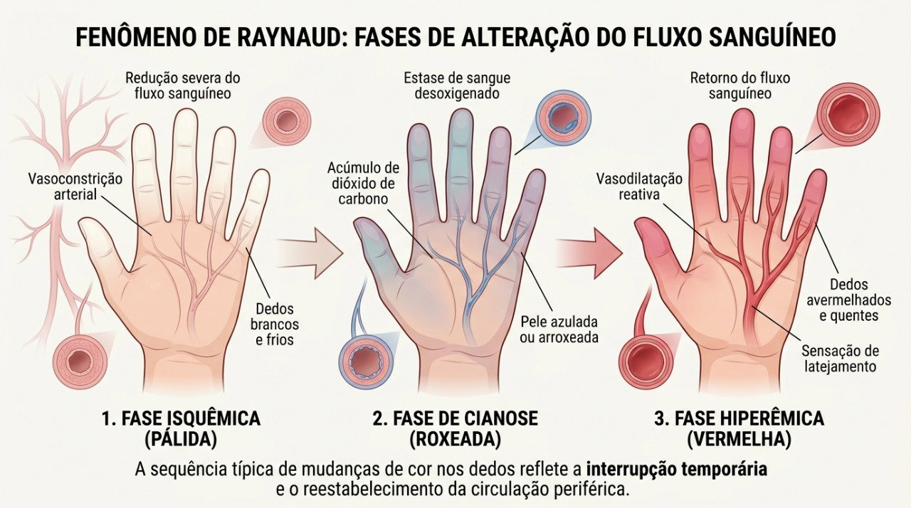 No fenômeno de Raynaud, a circulação nos dedos diminui temporariamente e retorna durante o aquecimento.