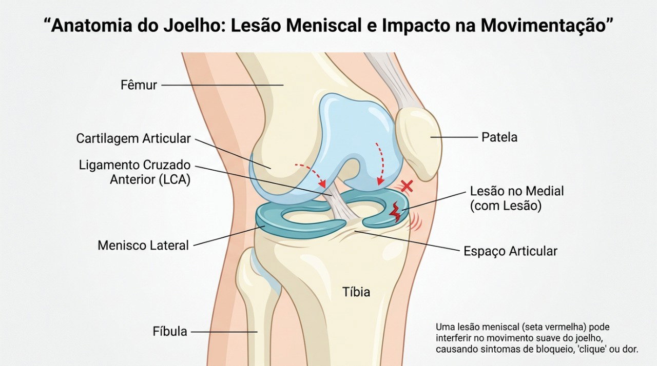 Lesões no menisco podem causar dor, inchaço e sensação de travamento no joelho.