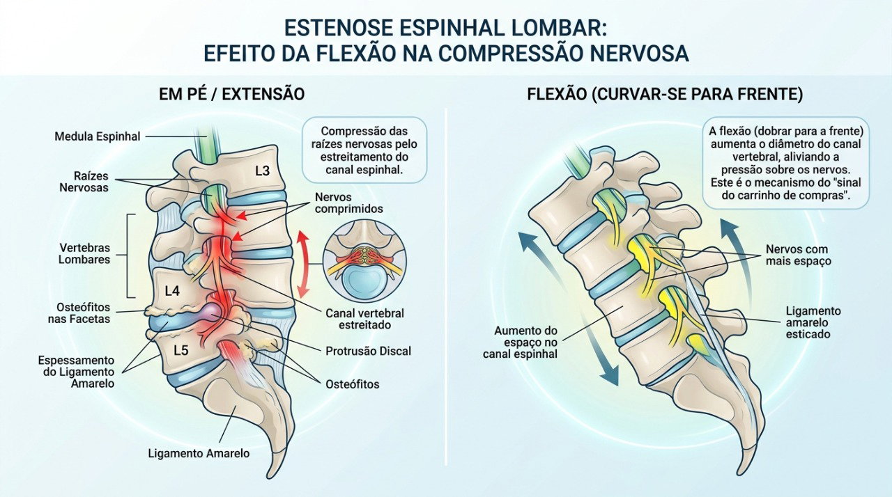 Na estenose lombar, inclinar a coluna para frente pode reduzir temporariamente a pressão sobre os nervos.