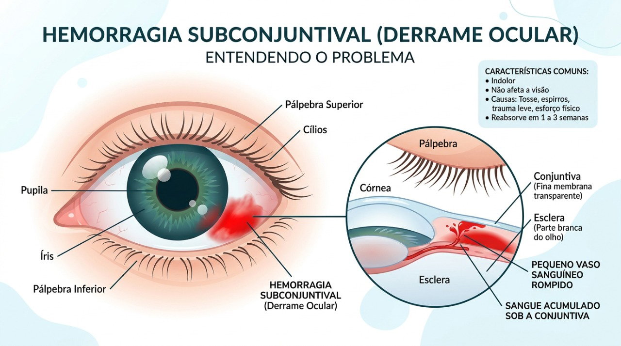 A hemorragia subconjuntival ocorre quando um pequeno vaso se rompe e o sangue fica sob a conjuntiva.