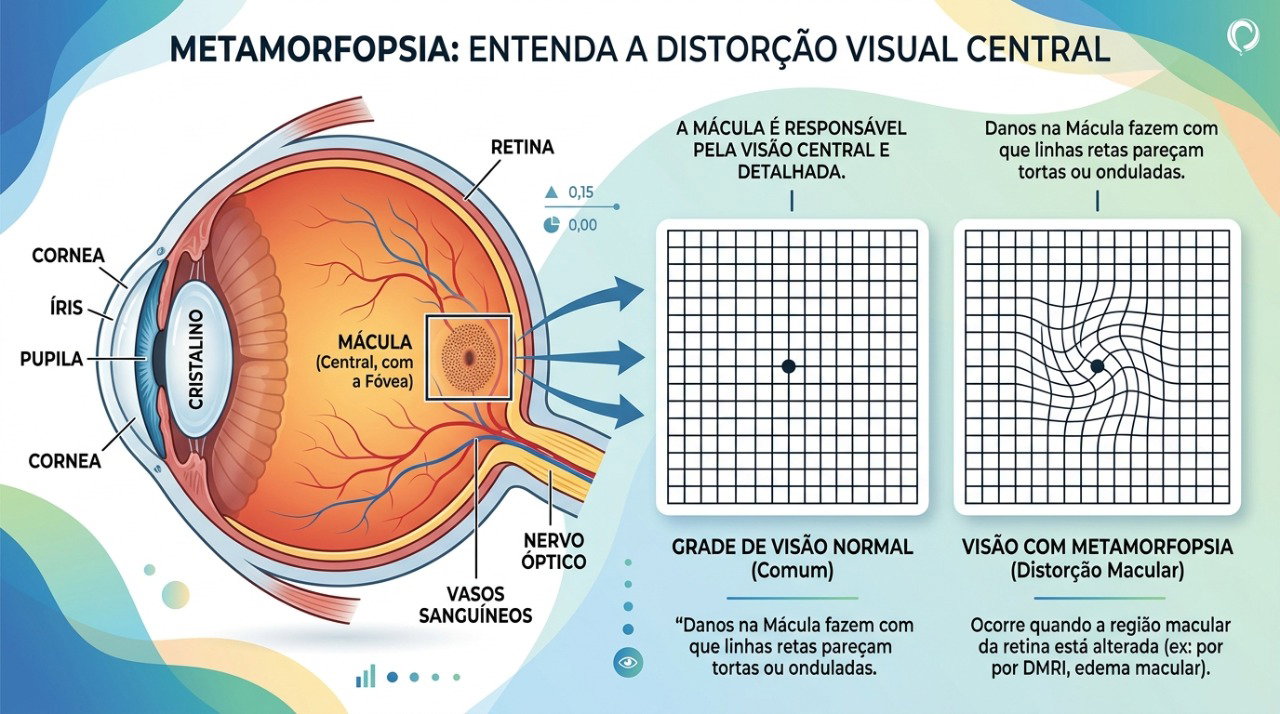 A metamorfopsia pode fazer linhas retas parecerem tortas ou onduladas quando a mácula está alterada.