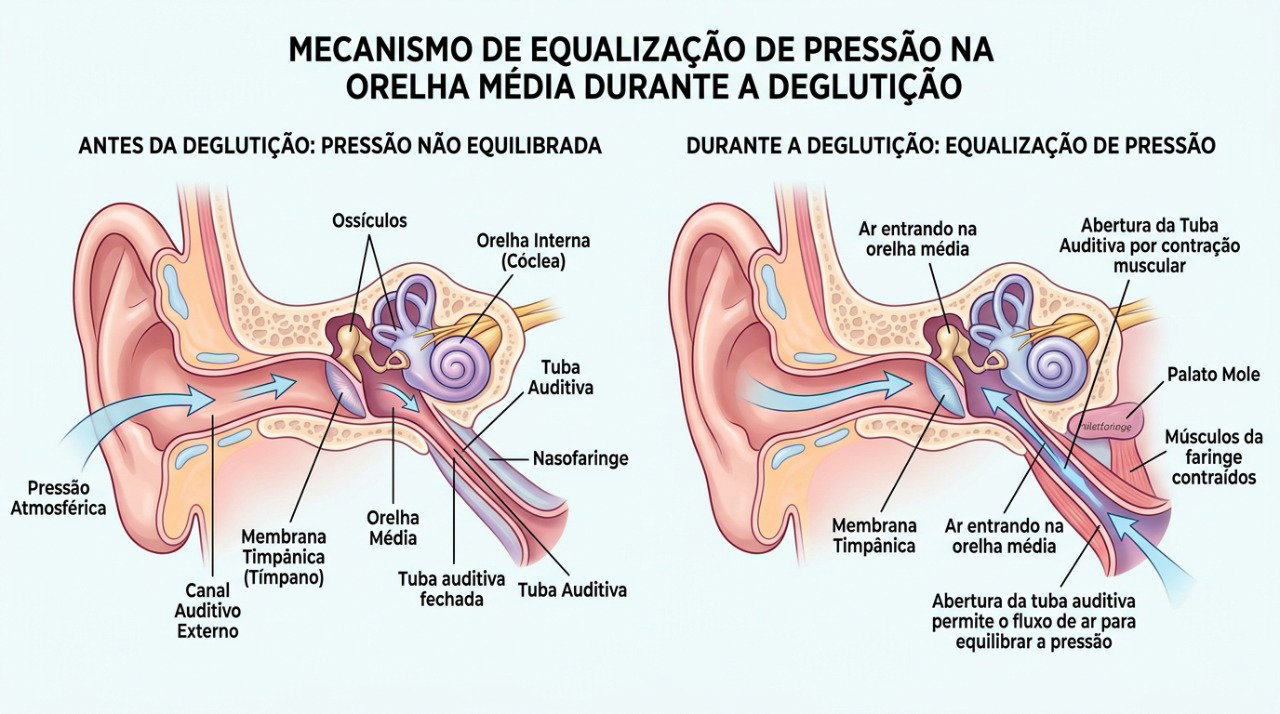 A abertura da tuba auditiva ao engolir pode produzir pequenos cliques e ajudar a equilibrar a pressão.