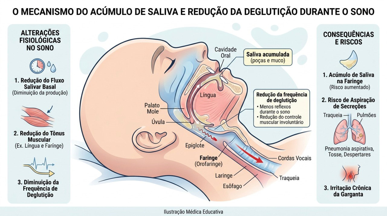 A deglutição acontece com menor frequência durante o sono, favorecendo o acúmulo de saliva.
