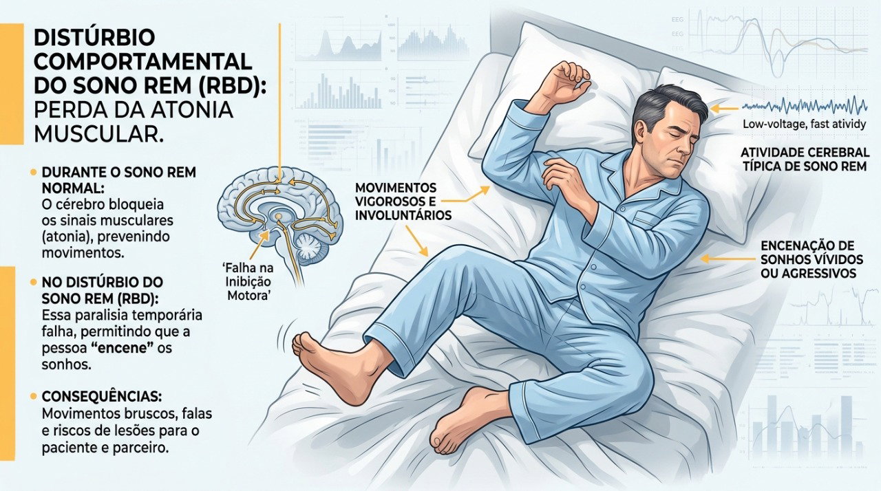 No transtorno comportamental do sono REM, a redução normal dos movimentos musculares pode falhar durante os sonhos.