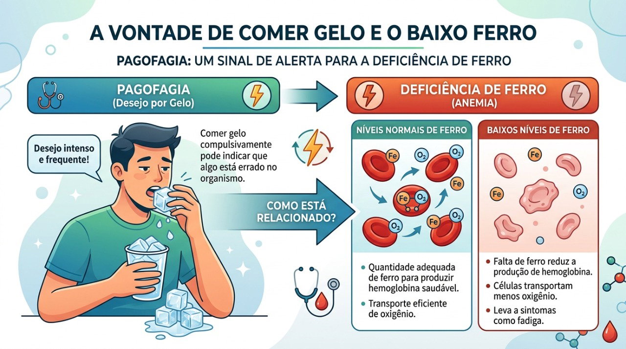 A pagofagia pode aparecer em pessoas com deficiência de ferro, mesmo antes do diagnóstico de anemia.