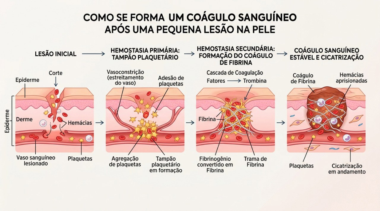 A coagulação depende da ação das plaquetas e de proteínas que ajudam a interromper o sangramento.