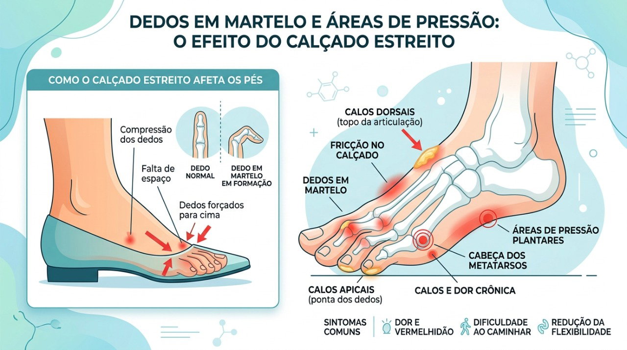 Calçados estreitos podem aumentar a pressão sobre dedos curvados e favorecer dor e calos.