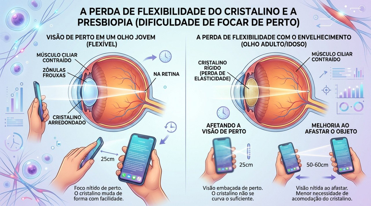 Na presbiopia, o cristalino perde flexibilidade e dificulta o foco em objetos próximos.