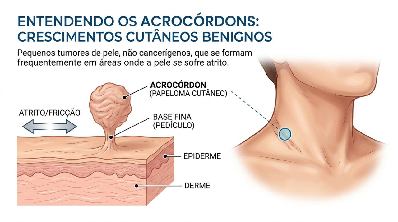 O acrocórdon costuma ser macio, pequeno e preso à pele por uma base fina.