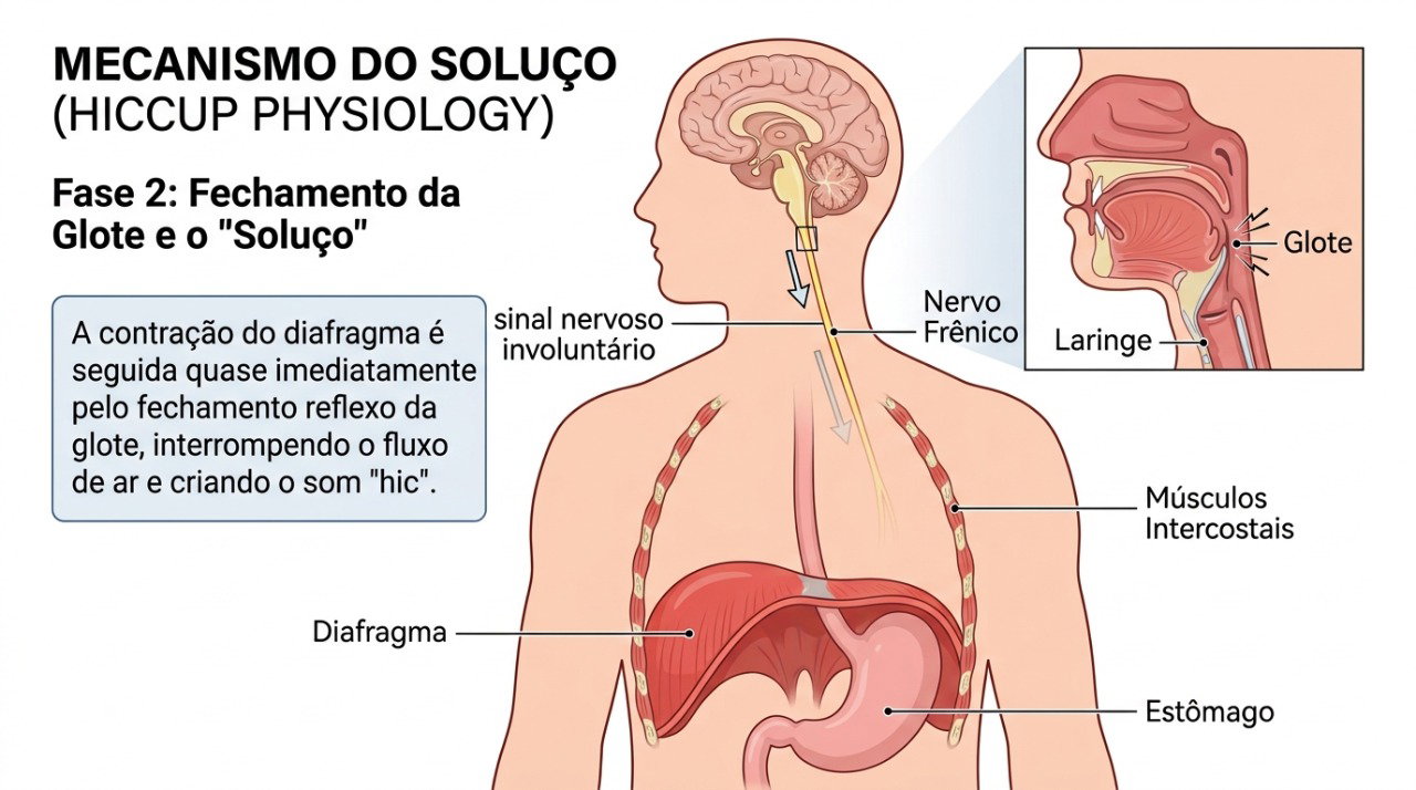 O soluço acontece pela contração involuntária do diafragma seguida pelo fechamento rápido da glote.
