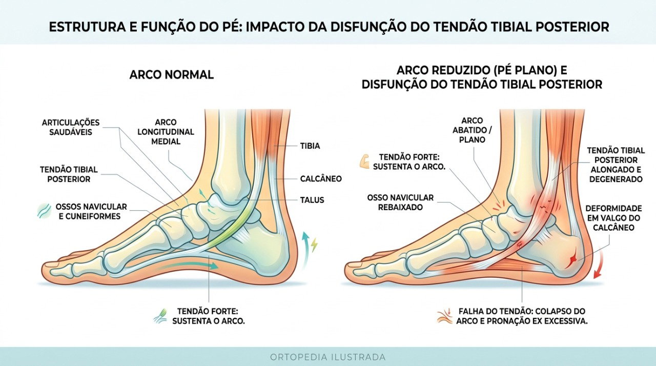 O enfraquecimento das estruturas de sustentação pode contribuir para o rebaixamento progressivo do arco do pé.