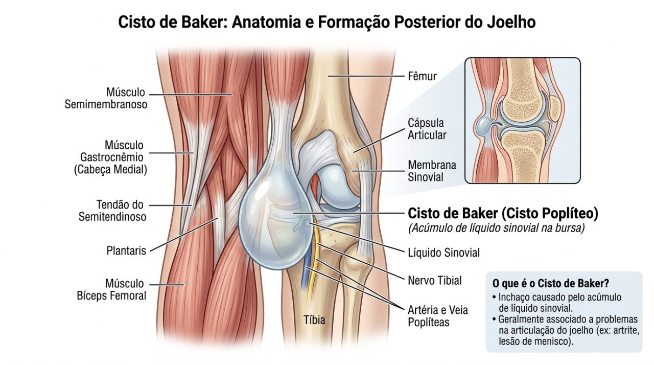 O cisto de Baker se forma pelo acúmulo de líquido na parte posterior da articulação do joelho.