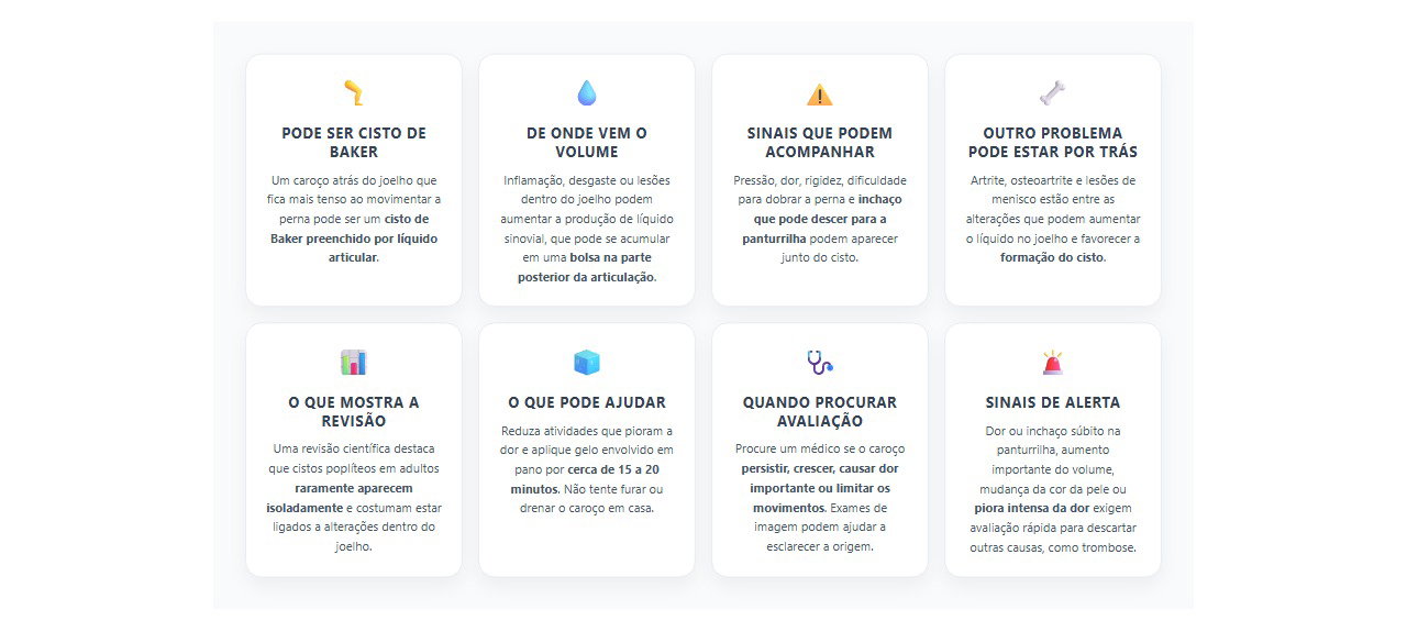 Caroço atrás do joelho: sinais de cisto de Baker e quando o inchaço exige avaliação