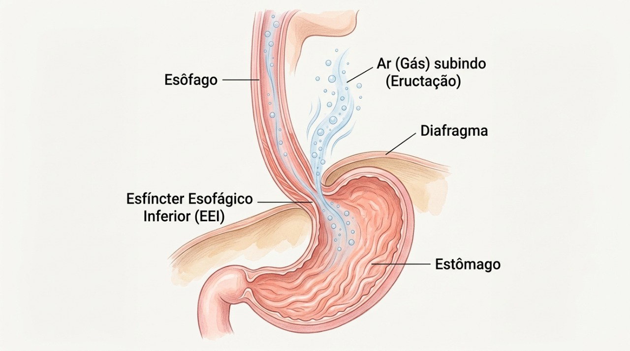 O ar engolido pode se acumular no estômago e retornar pelo esôfago na forma de arroto.