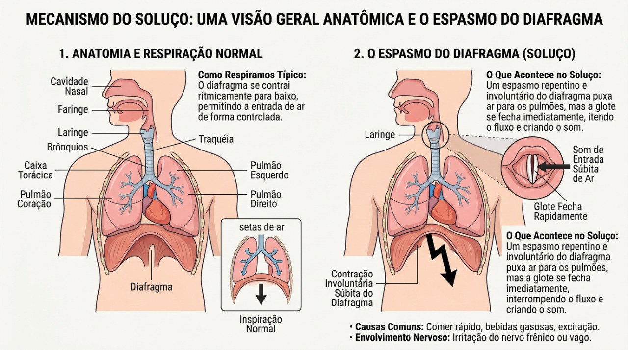 O soluço ocorre pela contração involuntária do diafragma seguida pelo fechamento rápido da glote.