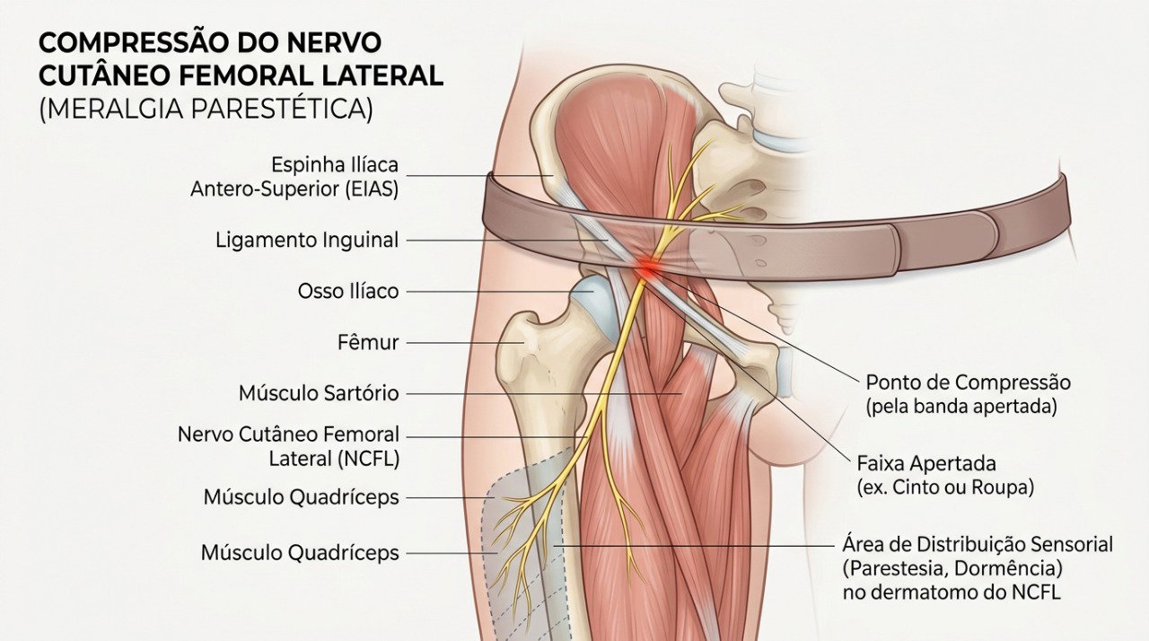 A compressão do nervo cutâneo femoral lateral pode provocar ardor, dormência e formigamento na coxa.
