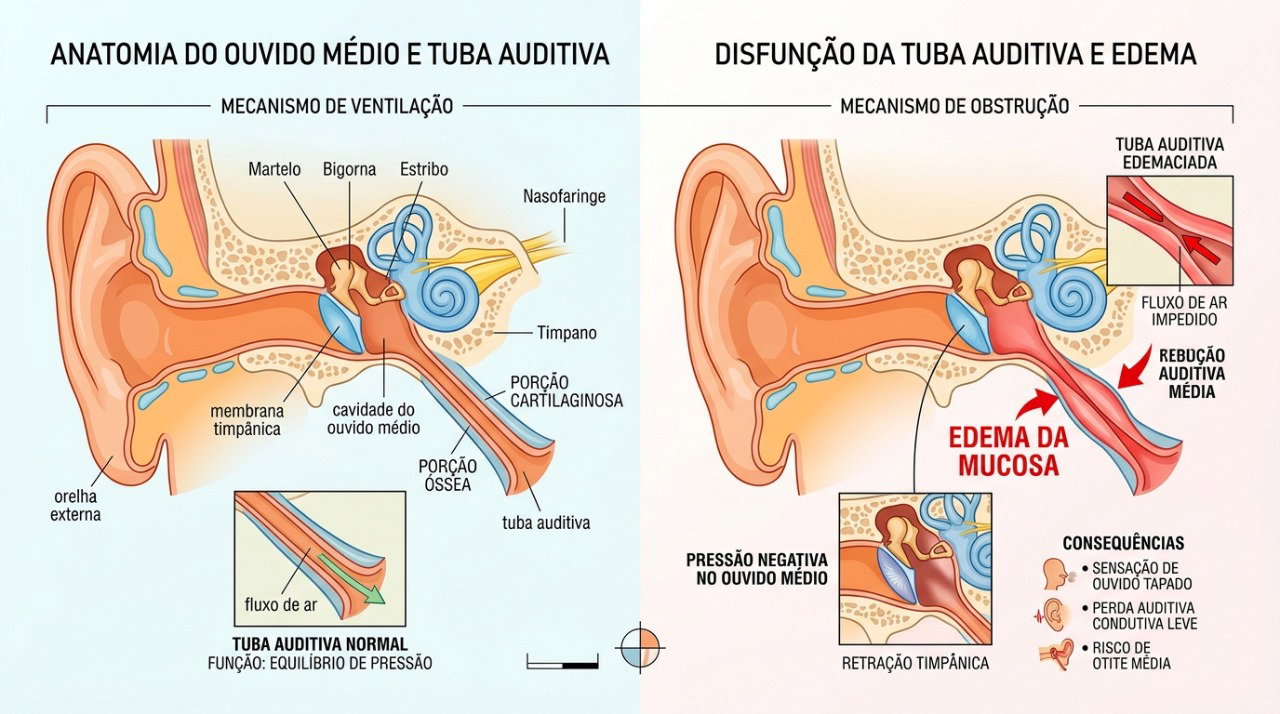 A inflamação da tuba auditiva pode dificultar o equilíbrio da pressão no ouvido médio.