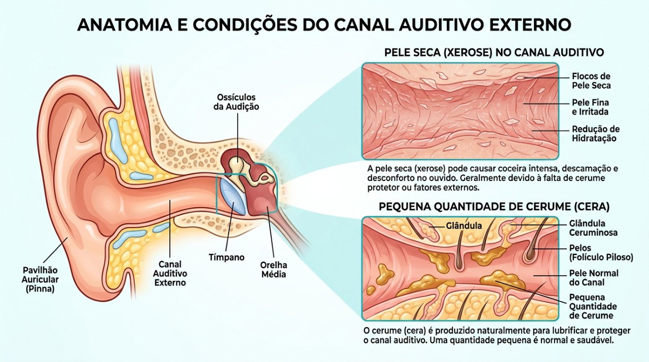 Pele seca e alterações na quantidade de cerume podem favorecer coceira no canal auditivo.