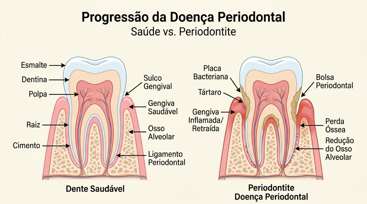A periodontite pode comprometer a gengiva e o osso que ajudam a manter o dente firme.