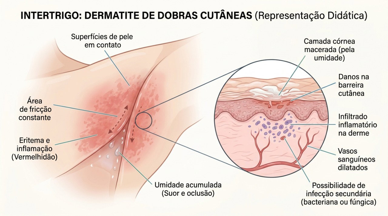O intertrigo surge com mais facilidade quando a pele permanece quente, úmida e em atrito constante.
