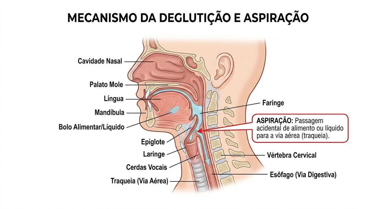 Na disfagia, parte do líquido pode seguir em direção às vias respiratórias durante a deglutição.