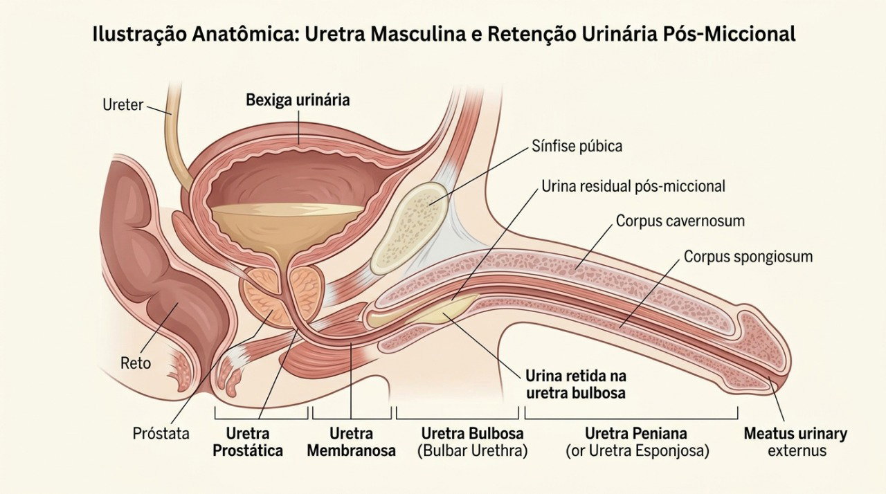 O gotejamento pós-miccional pode ocorrer quando a uretra não é completamente esvaziada após o fim do jato.
