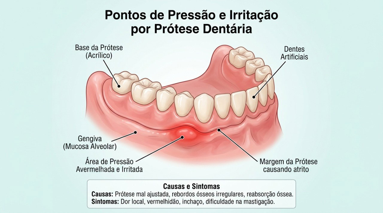 Pontos de pressão da dentadura podem causar dor, vermelhidão e feridas na gengiva.