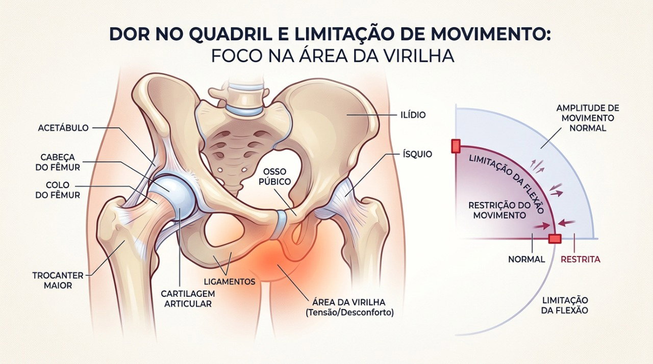 Alterações no quadril podem causar dor na virilha e dificuldade para movimentar a perna.