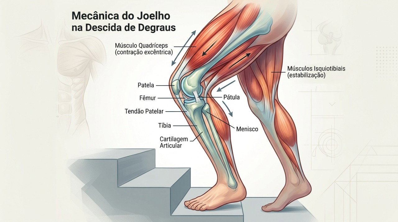 Fraqueza muscular e alterações no joelho podem favorecer episódios de falseio nas escadas.