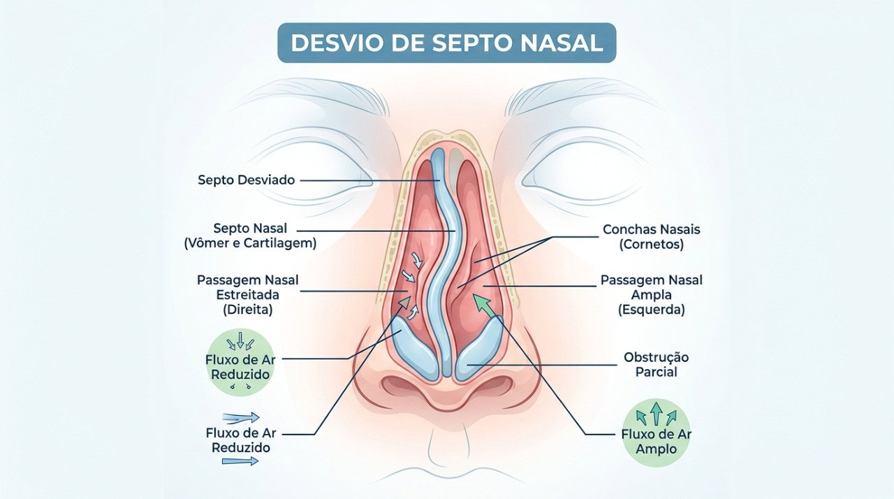 O desvio de septo pode reduzir a passagem de ar e causar obstrução predominante em uma das narinas.