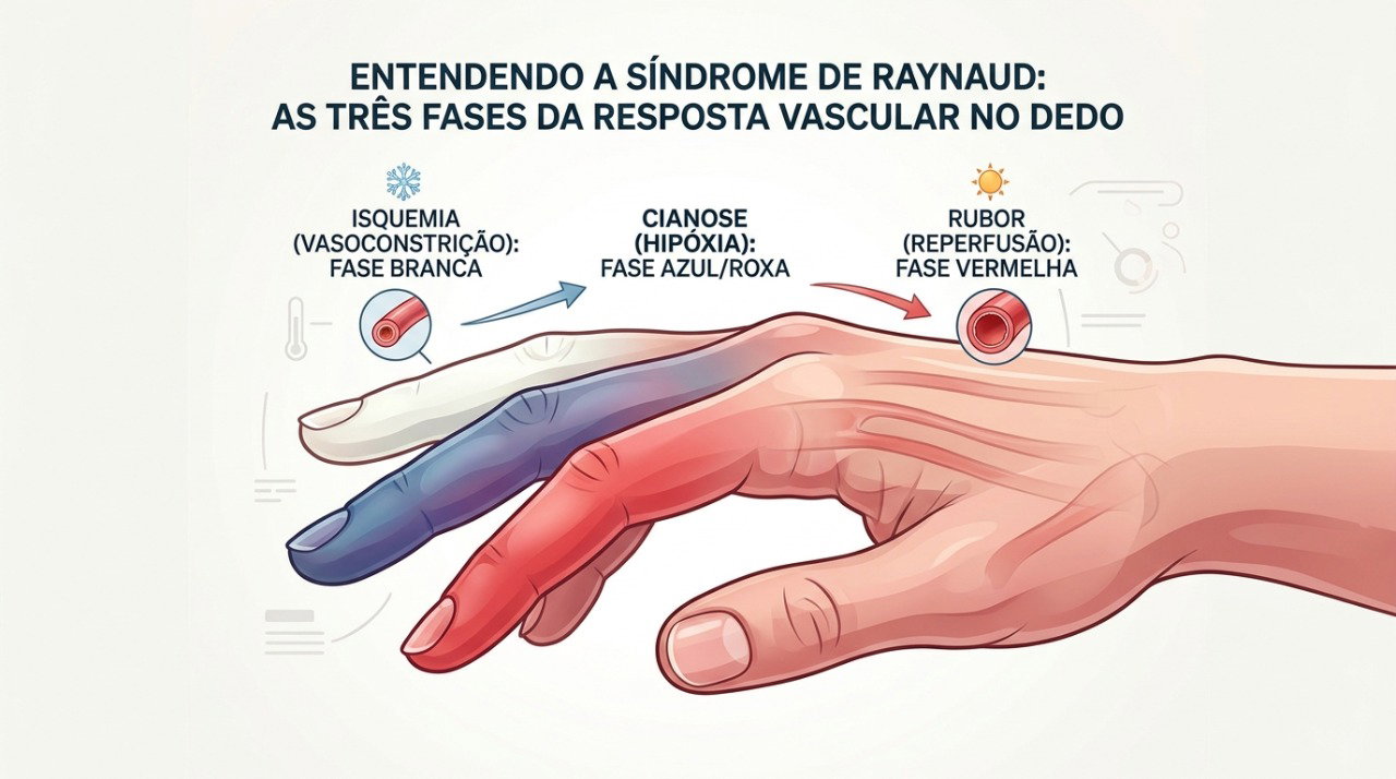 No fenômeno de Raynaud, os dedos podem mudar de cor conforme a circulação diminui e depois retorna.