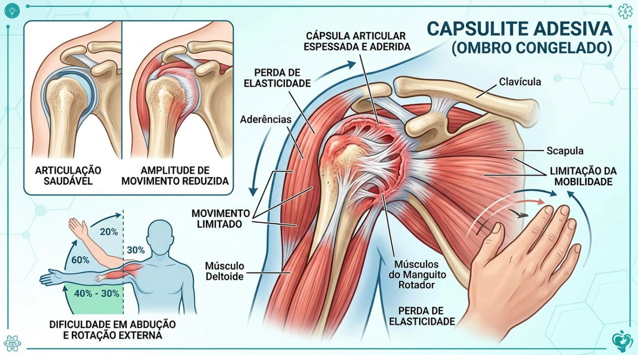 No ombro congelado, a rigidez da cápsula articular pode limitar progressivamente os movimentos.