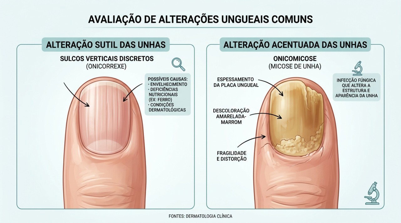 Mudanças intensas na cor, espessura ou formato das unhas merecem avaliação médica.