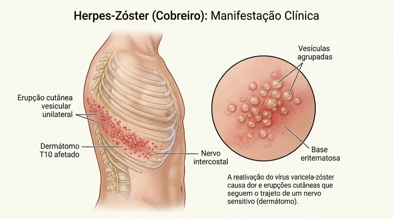 No herpes-zóster, dor e ardor podem preceder uma faixa de bolhas em apenas um lado do corpo.