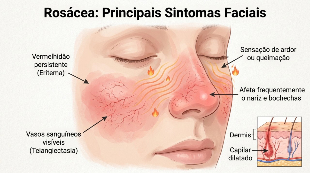 Na rosácea, calor, sol e alimentos apimentados podem desencadear vermelhidão e ardor no rosto.