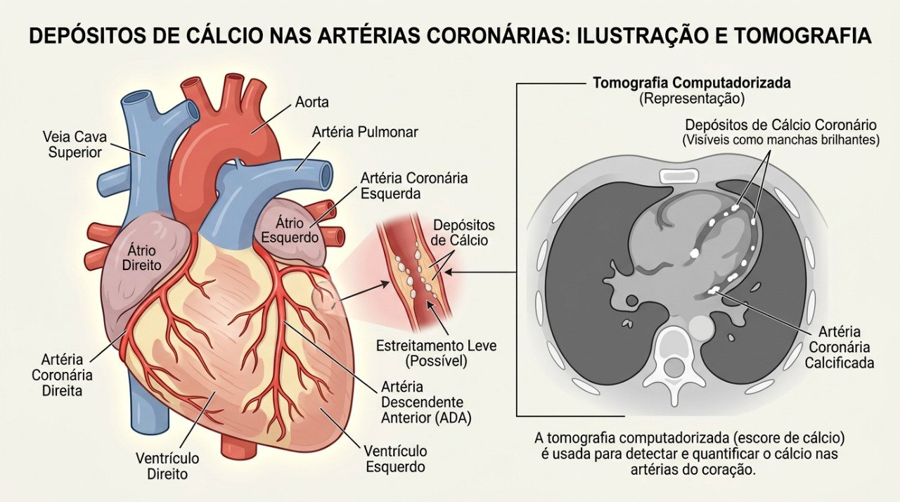 O escore de cálcio identifica depósitos associados a placas de aterosclerose nas artérias coronárias.