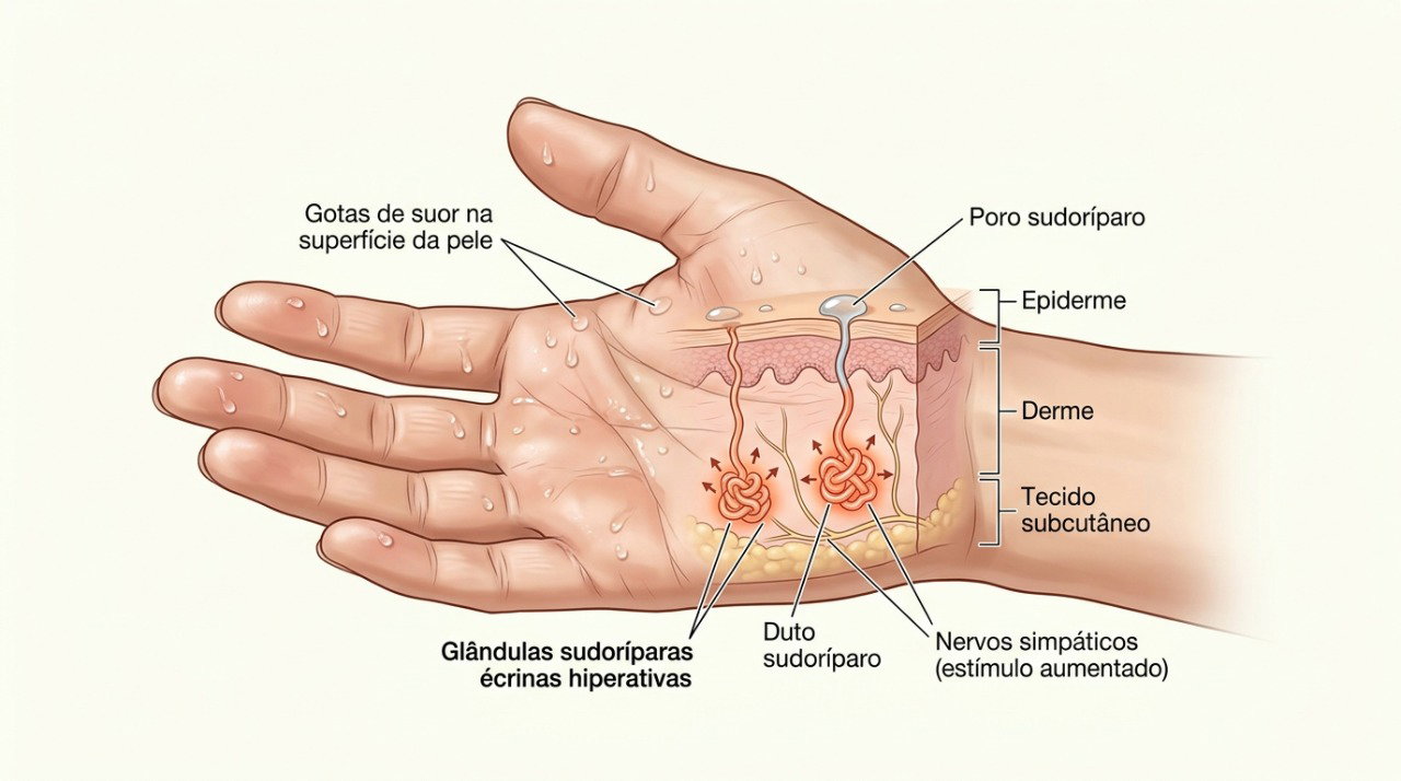 Na hiperidrose, as glândulas sudoríparas podem produzir suor excessivo mesmo sem necessidade de resfriar o corpo.