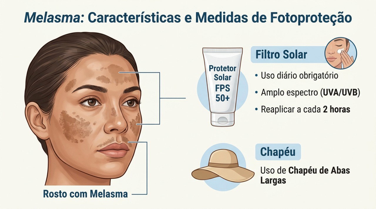 A fotoproteção diária ajuda a controlar o melasma e reduzir o risco de novo escurecimento.