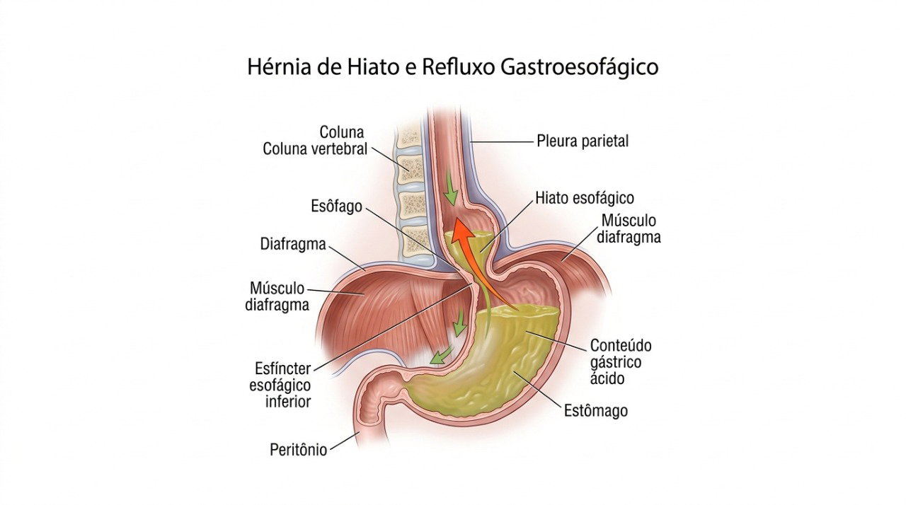 Na hérnia de hiato, parte do estômago pode subir pelo diafragma e favorecer o refluxo.