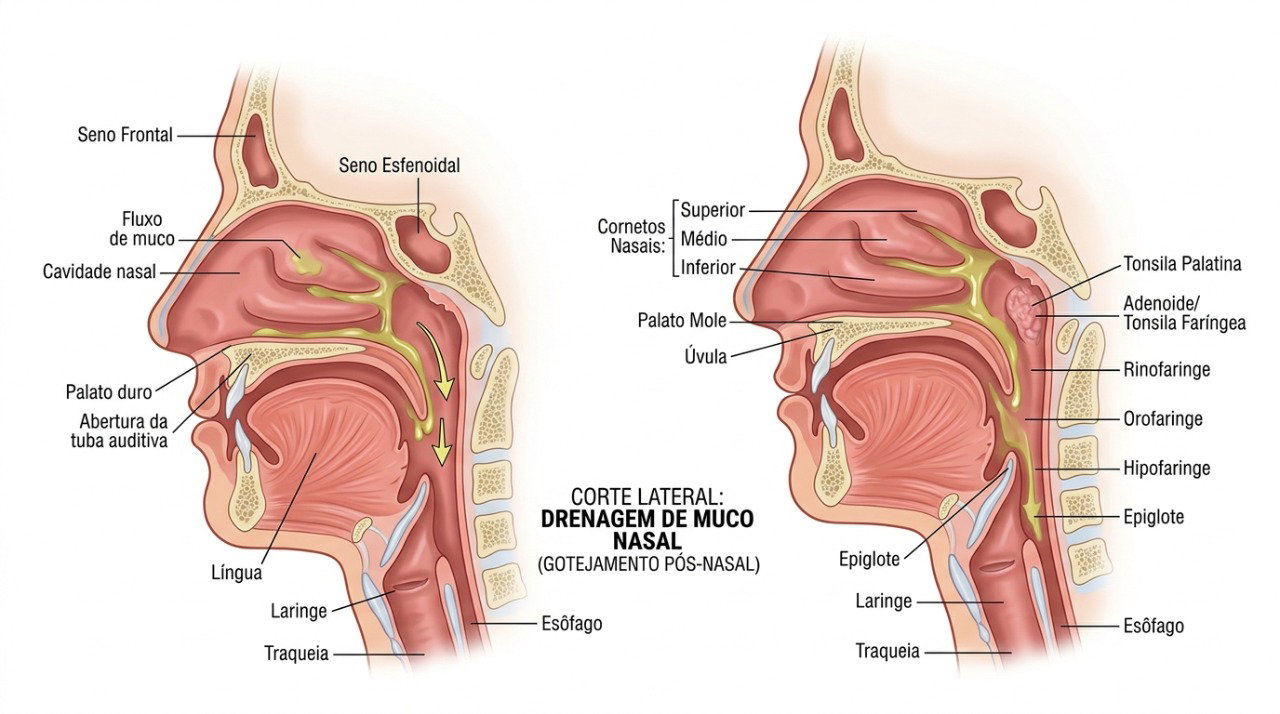 No gotejamento pós-nasal, o muco produzido no nariz escorre pela parte posterior da garganta.