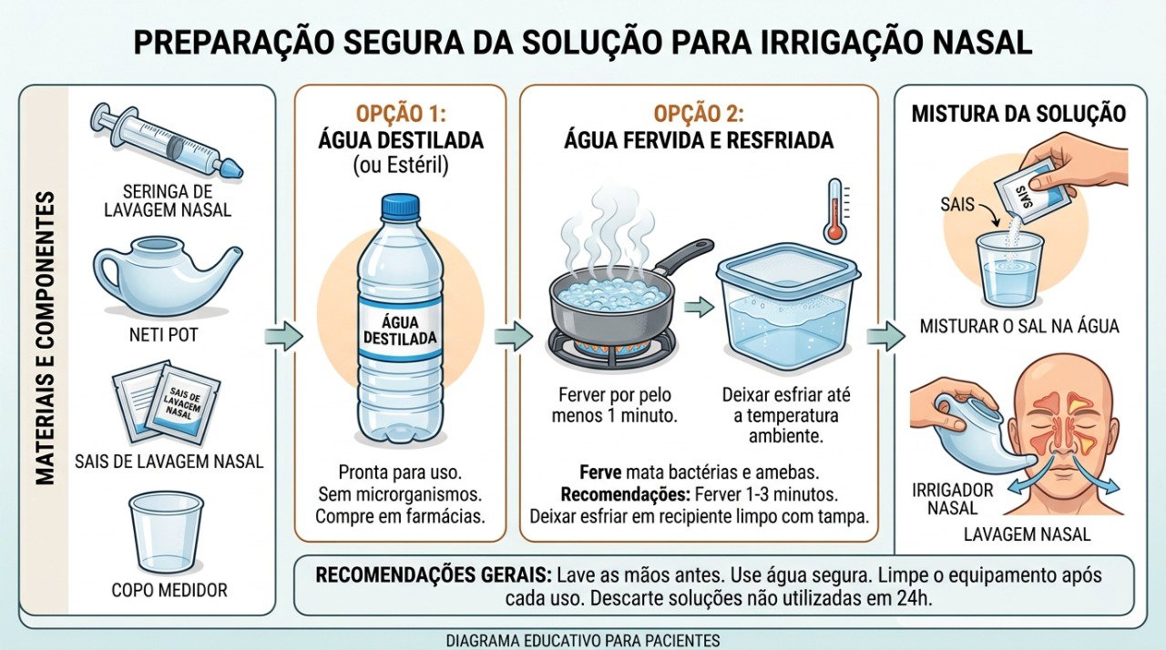 Água destilada, estéril ou previamente fervida e resfriada é a opção mais segura para a lavagem nasal.
