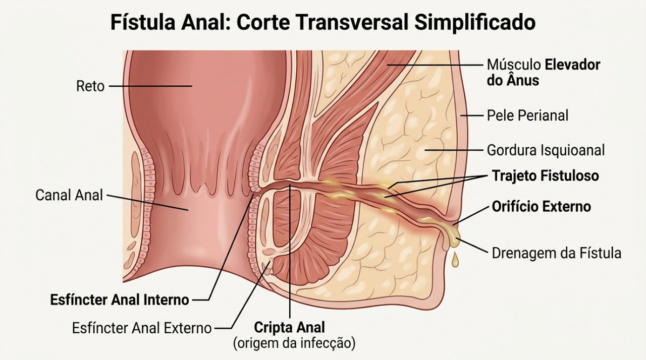 A fístula anal forma um trajeto entre o canal anal e a pele, podendo causar secreção, dor e irritação.