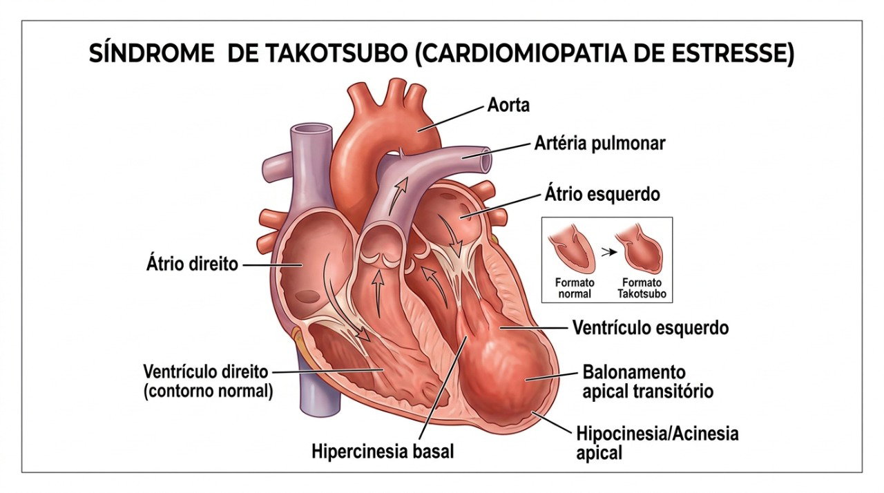 Na síndrome de Takotsubo, parte do coração pode apresentar alteração temporária da contração.